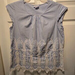 LIZ CLAIBORNE Women's 100% Cotton Cap Sleeves Lace Edge Stripe Blouse - Medium